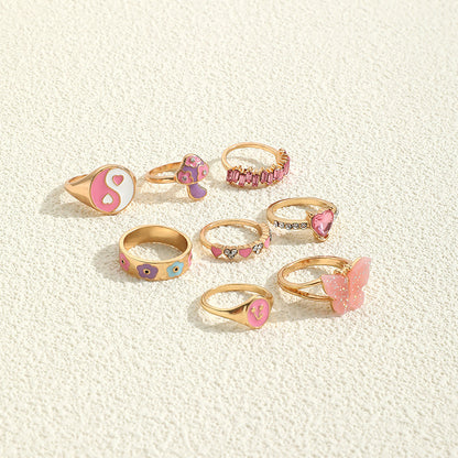 8pcs pink gold stackable bohemian midi ring set with cute mushroom design, perfect gift for her