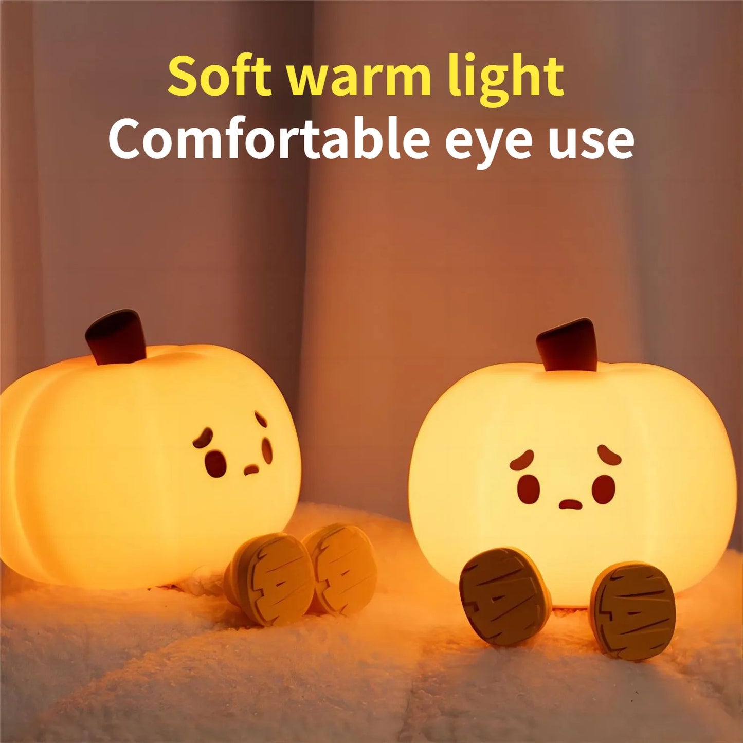 "Soft silicone Halloween pumpkin night light, perfect for kids' room decor, dimmable and rechargeable."