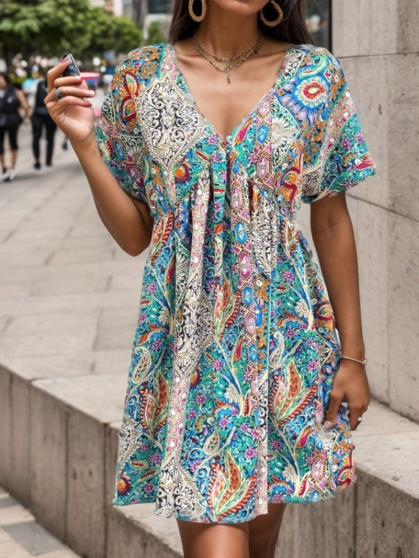 V-neck Loose Printed Pleated Dress