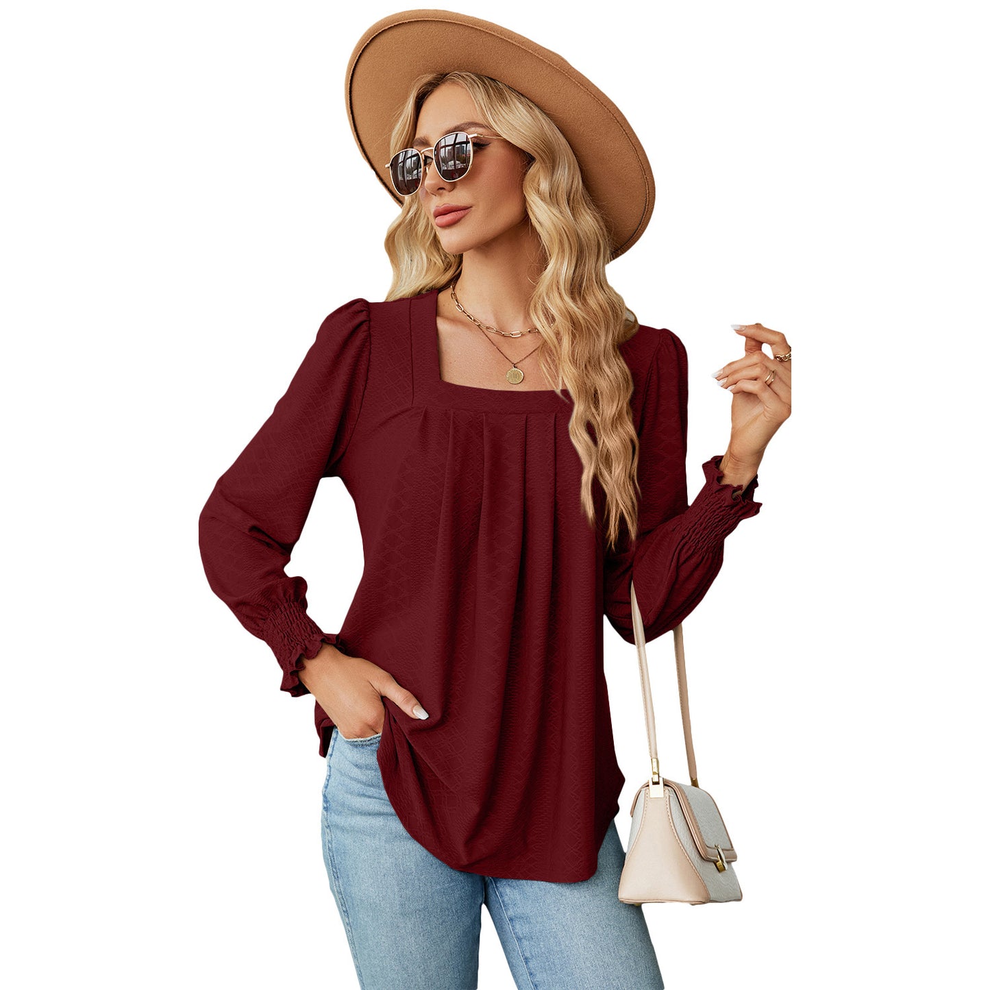 Women's Jacquard pleated square collar long sleeve swallowtail T-shirt