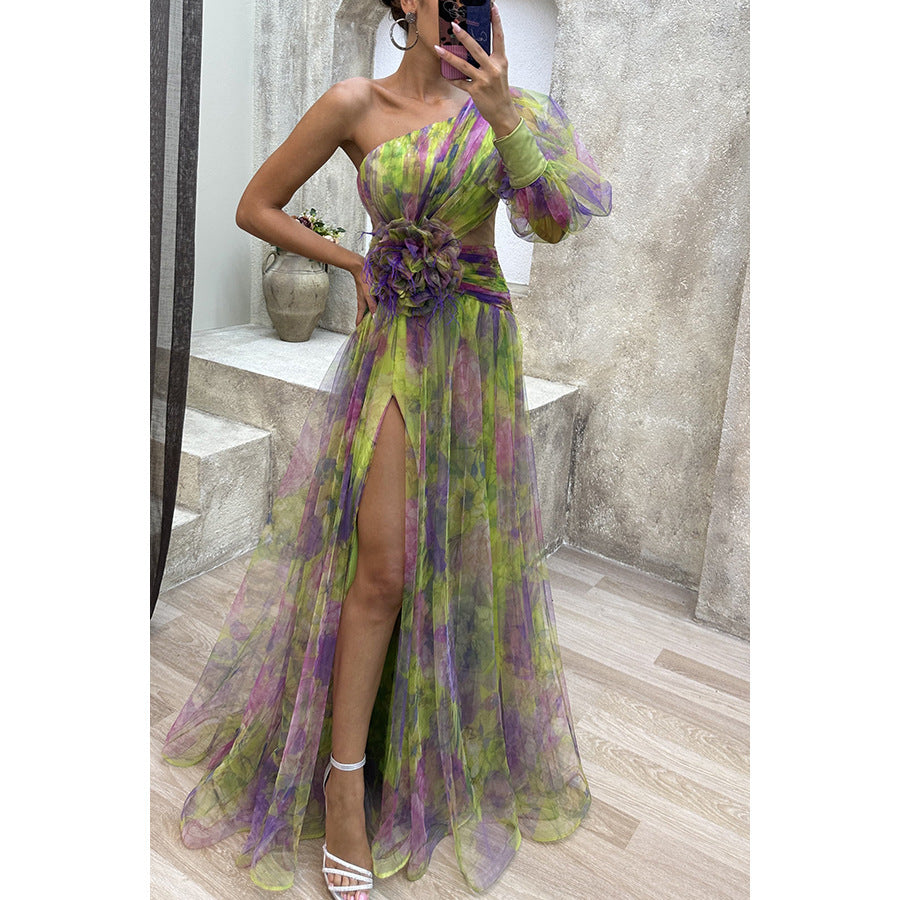 Mesh Tie-dye Printed Off-shoulder Slit Dress Summer INS Fashion Long Dress Party Womens Clothing touchydesign