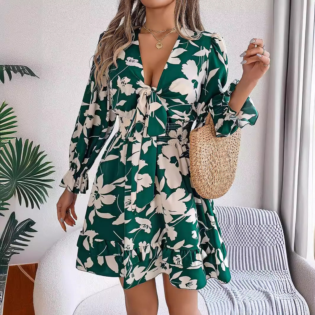 Floral Printed V-Neck Long Sleeve Dress | Ruffles & Bowknot A-Line Short Dress dress drl