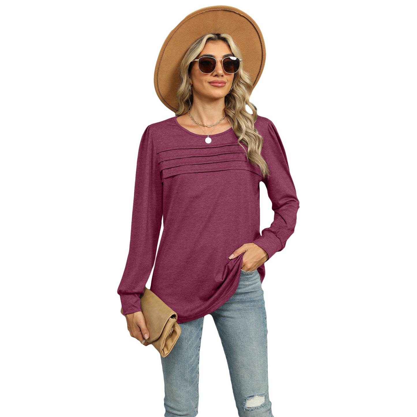 Women's solid color U-neck long-sleeve T-shirt with pleated design. Casual and stylish top for everyday wear.