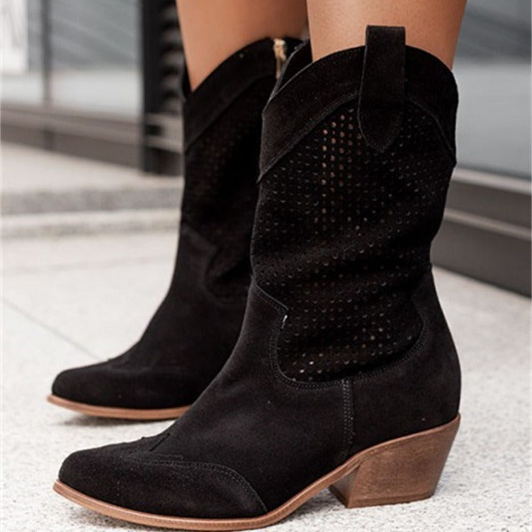 Mid-heel burnt-out suede low-cut cotton women's boots, offering a stylish and comfortable design perfect for versatile wear.