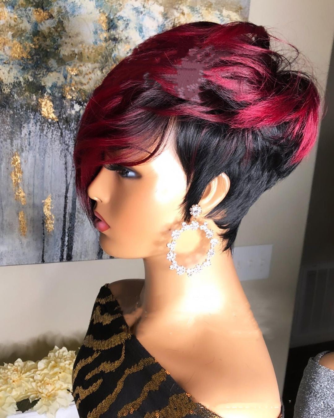 "Dark Red Pixie Cut Human Hair Wig - Natural Short Bob Style | Realistic & Stylish Wigs" - touchydesign