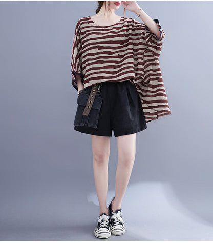 Summer Women's Loose Plus Size Striped Batwing Sleeve T-shirt