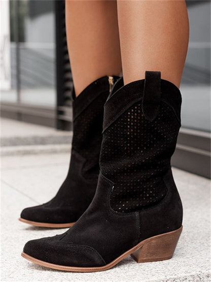 Mid-heel burnt-out suede low-cut cotton women's boots, offering a stylish and comfortable design perfect for versatile wear.