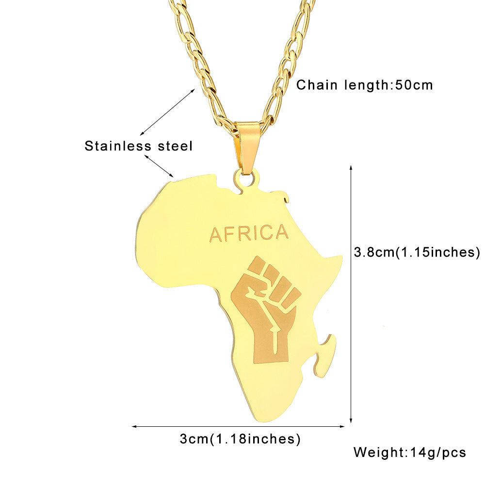 Titanium Steel Africa Map Pendant Necklace - Glossy Gold Fist Shape for Men & Women