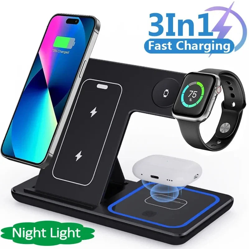 15W 3-in-1 LED Fast Wireless Charger Stand - Foldable Charging Station for Smartphones, iWatch, and AirPods Pro