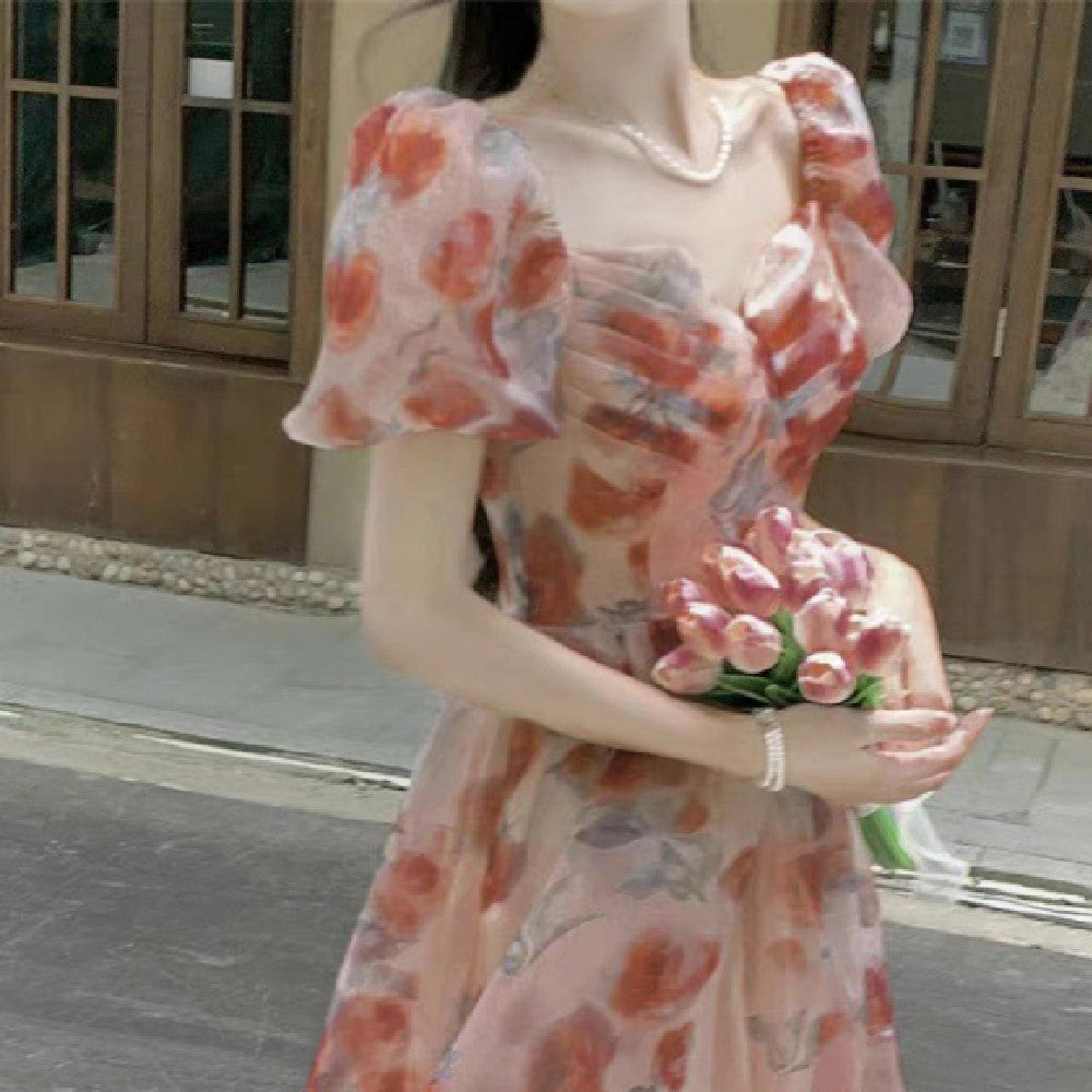 Square-neck Cinched Slimming Floral Dress touchydesign