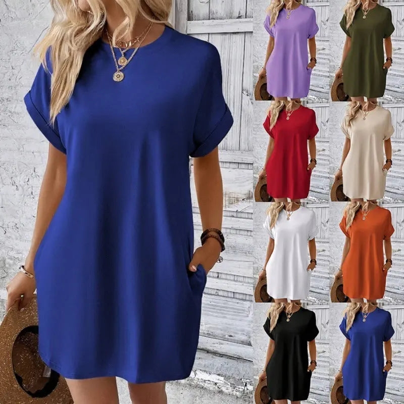 Long sleeve dress With Pockets Summer Casual Solid Color Round Neck Straight Dresses Womens Clothing touchydesign