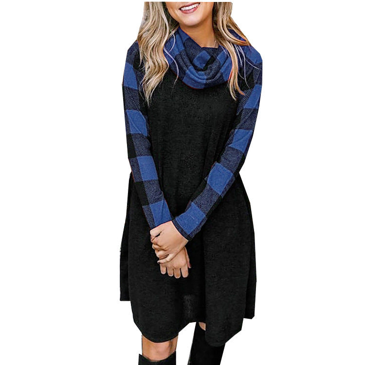 "Women's Check Print Panel Long Sleeve Dress in trendy plaid pattern, perfect for casual and chic fall fashion, available in various sizes."