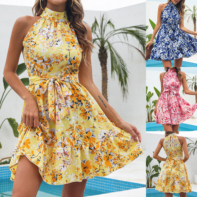 New Flowers Print Halterneck Dress Summer Fashion Temperament Lace-up Ruffled Dresses For Women touchydesign