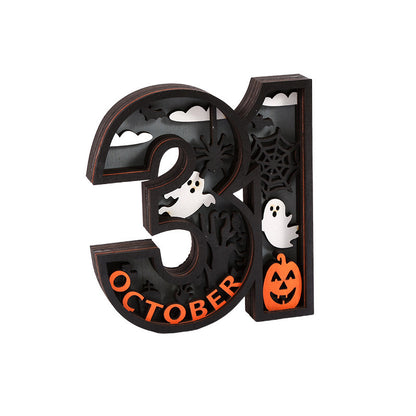 Wooden Halloween ghost decoration with glowing LED lights, perfect for spooky home decor and festive ambiance