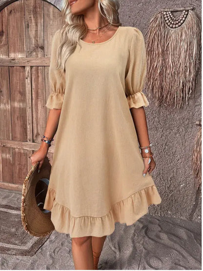 Fashion Ruffle Short-sleeved Dress Summer Solid Color Round Neck Loose Straight Dresses Womens Clothing touchydesign