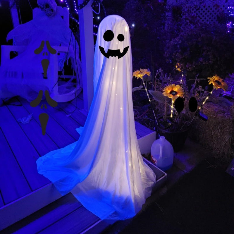 "Ghost Halloween decorations for front porch and courtyard, spooky outdoor decor, haunting ghost figures, Halloween yard decorations, eerie Halloween setup."