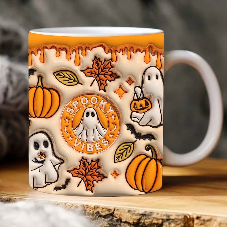 "Halloween Pumpkin Ceramic Coffee Mug with spooky fall design, festive Halloween-themed coffee mug, durable ceramic, perfect for coffee lovers."