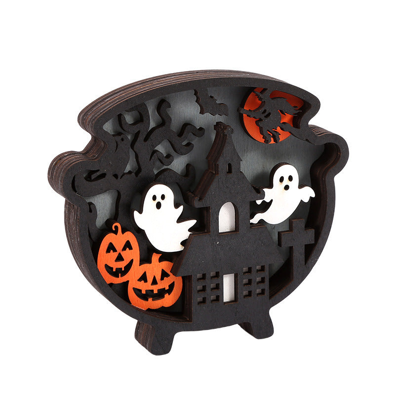 Wooden Halloween ghost decoration with glowing LED lights, perfect for spooky home decor and festive ambiance