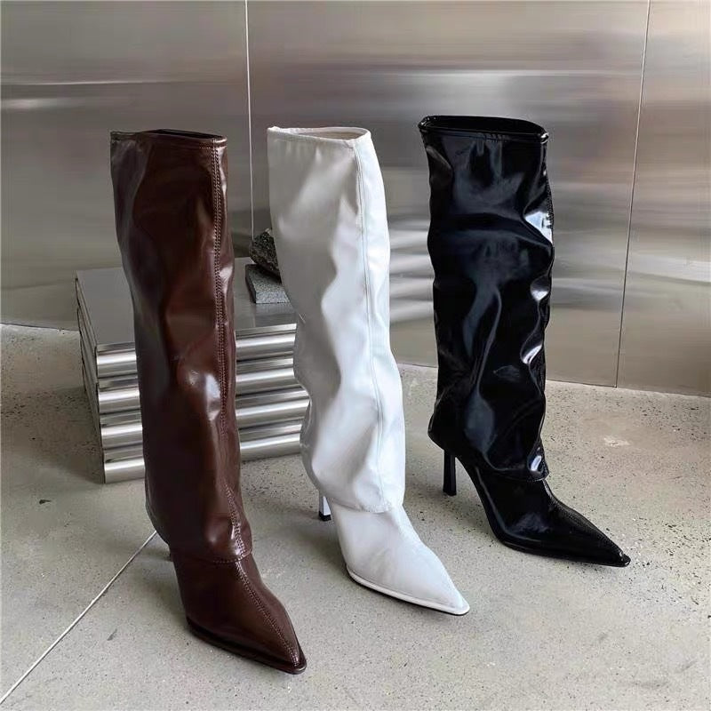 Patent Leather Pantyhose Boots - Pointed Toe Stiletto High Heels for Bold Elegance