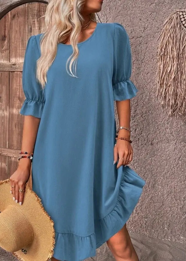 Fashion Ruffle Short-sleeved Dress Summer Solid Color Round Neck Loose Straight Dresses Womens Clothing touchydesign