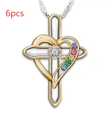 Cross Love Colorful Imitatio Gemstone Pendant Alloy Clavicle Chain touchydesign