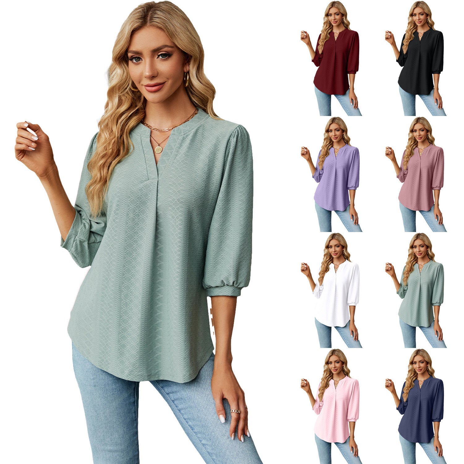 Women's solid color long sleeve top with lace collar and jacquard pattern. Loose-fitting T-shirt for a comfortable and stylish casual look.