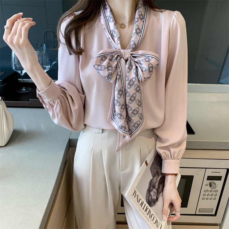 Professional Shirt Women''s Autumn Dress Long Sleeve Bow Ribbon Bubble Sleeve touchydesign