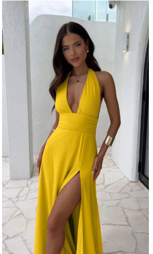 Sexy Halterneck V-neck Slit Dress Summer Backless Strappy Skirt Fashion Temperament Clothing Women touchydesign