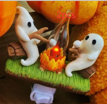 2024 Halloween Ghost Campfire Flickering Nightlight - Two Ghosts Roasting Marshmallows - Spooky Plug-in Wall Night Light for Halloween Decor"