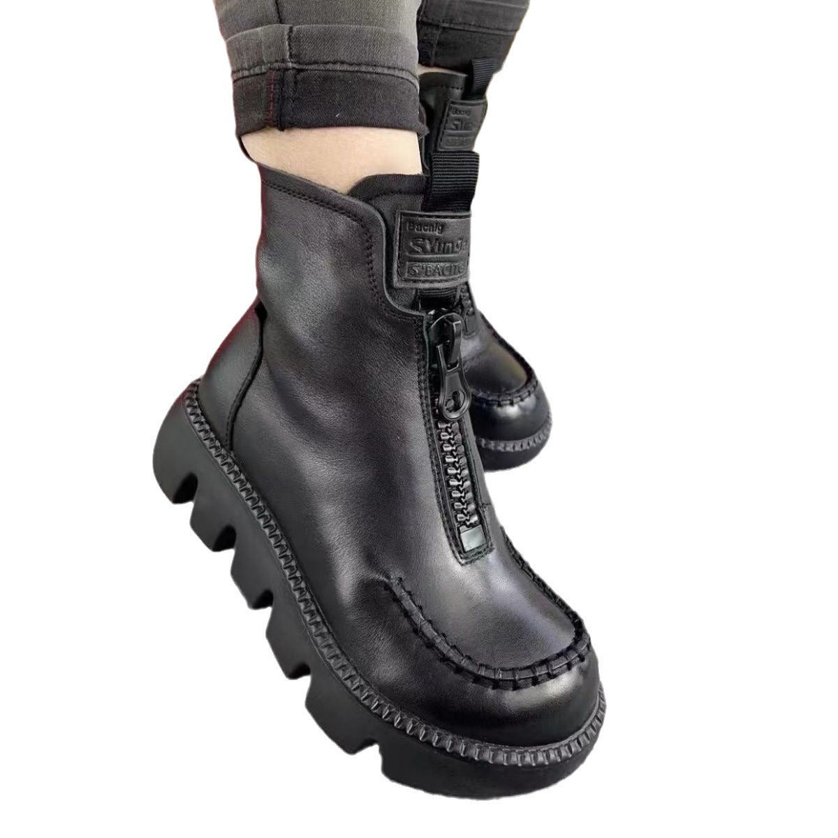 Cotton Leather Platform Motorcycle Boots - Soft Retro Muffin Heel"