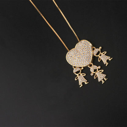 Fashion Jewelry Son Daughter Heart Gold Color Cubic Zirconia Family Girl Boy Pendant Necklace Chain Jewelry For Mother Gift touchydesign