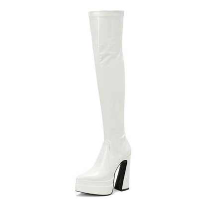 Bright faced thick heeled patent leather knee boots for women, featuring a stylish and trendy design perfect for making a bold fashion statement