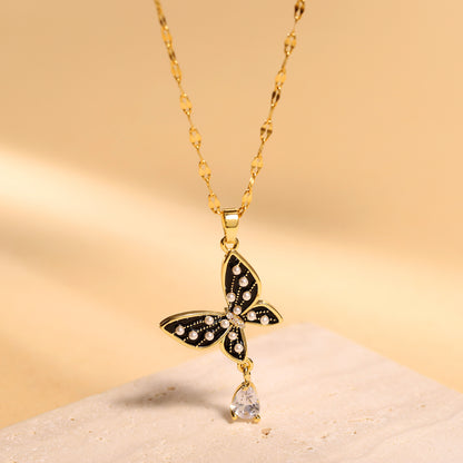 Temperament Pearl Dropping Oil Butterfly Necklace With Advanced Design Sense Tassel Pendant Versatile Jewelry touchydesign