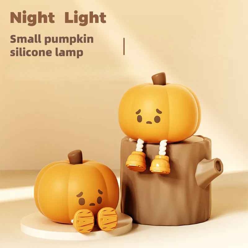 "Soft silicone Halloween pumpkin night light, perfect for kids' room decor, dimmable and rechargeable."