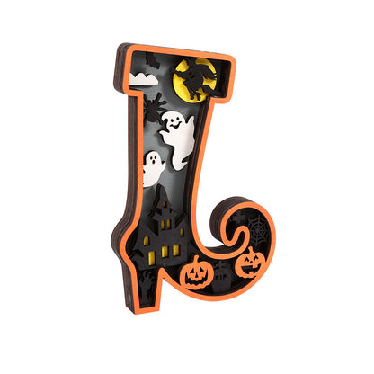 Wooden Halloween ghost decoration with glowing LED lights, perfect for spooky home decor and festive ambiance