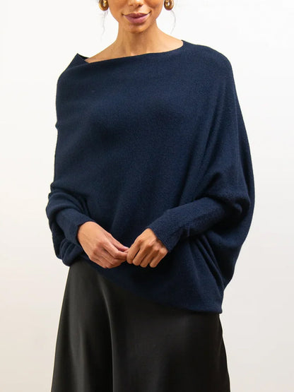 Women's Off-Shoulder Batwing Sleeve Sweater - Solid Color Round Neck Pullover for Fall Fashion