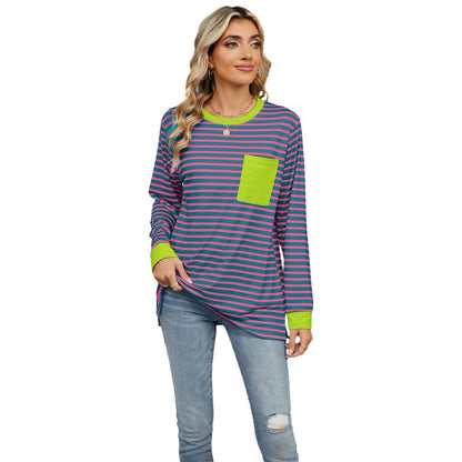 Women's long sleeve round neck T-shirt with pockets and split upper