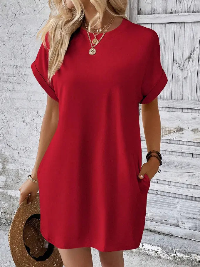 Long sleeve dress With Pockets Summer Casual Solid Color Round Neck Straight Dresses Womens Clothing touchydesign