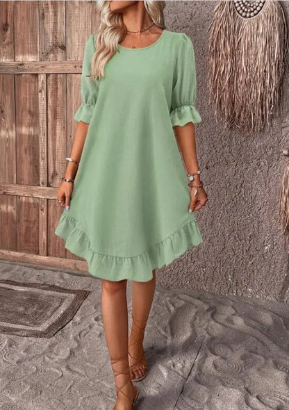 Fashion Ruffle Short-sleeved Dress Summer Solid Color Round Neck Loose Straight Dresses Womens Clothing touchydesign