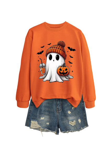 Fashionable long sleeve crew neck sweatshirt in milk tea color with pumpkin and bat print, perfect for fall and Halloween.