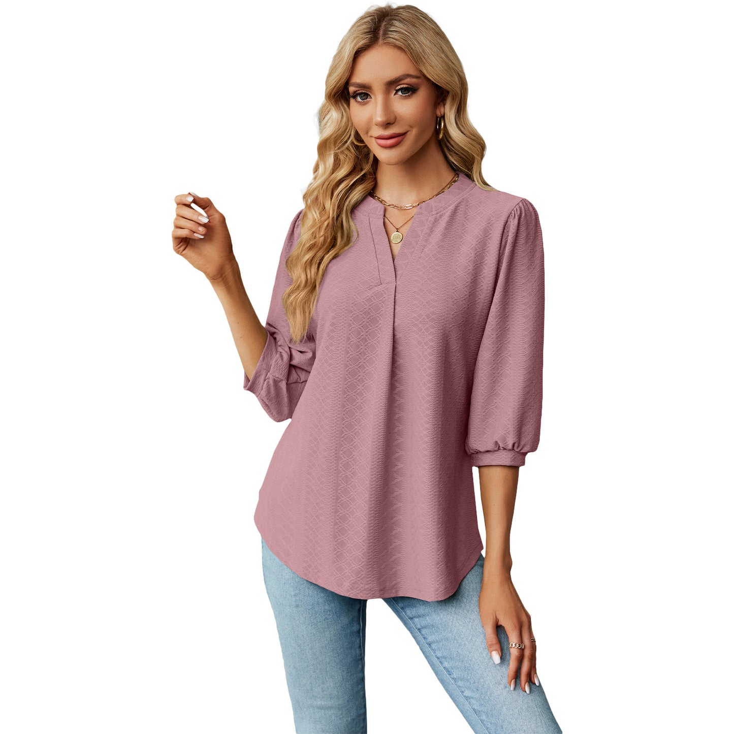 Women's solid color long sleeve top with lace collar and jacquard pattern. Loose-fitting T-shirt for a comfortable and stylish casual look.