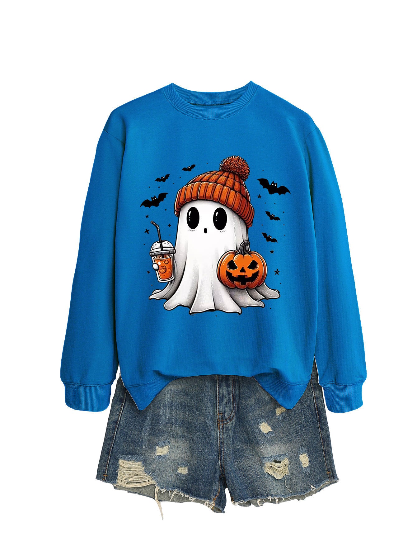 Fashionable long sleeve crew neck sweatshirt in milk tea color with pumpkin and bat print, perfect for fall and Halloween.