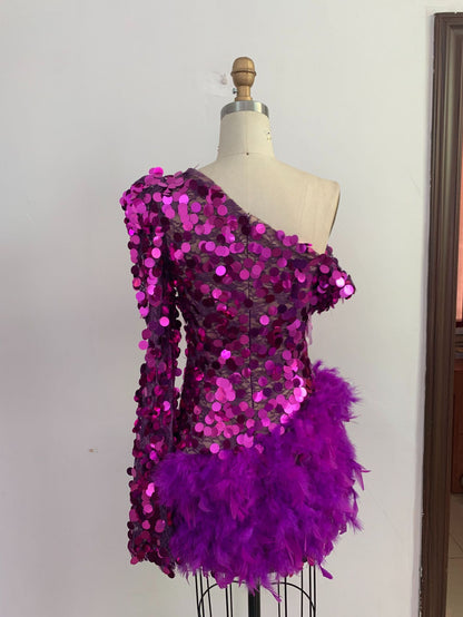 Purple Sequined Feather Skirt One-shoulder Sleeve Short Dress Luxury Party Stage Performance Dress touchydesign