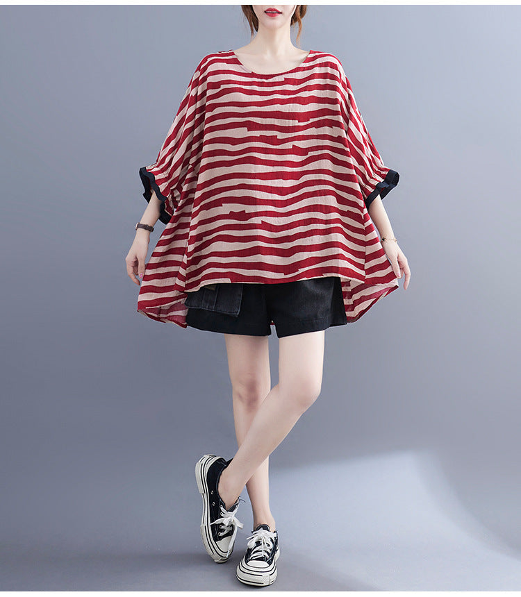 Summer Women's Loose Plus Size Striped Batwing Sleeve T-shirt