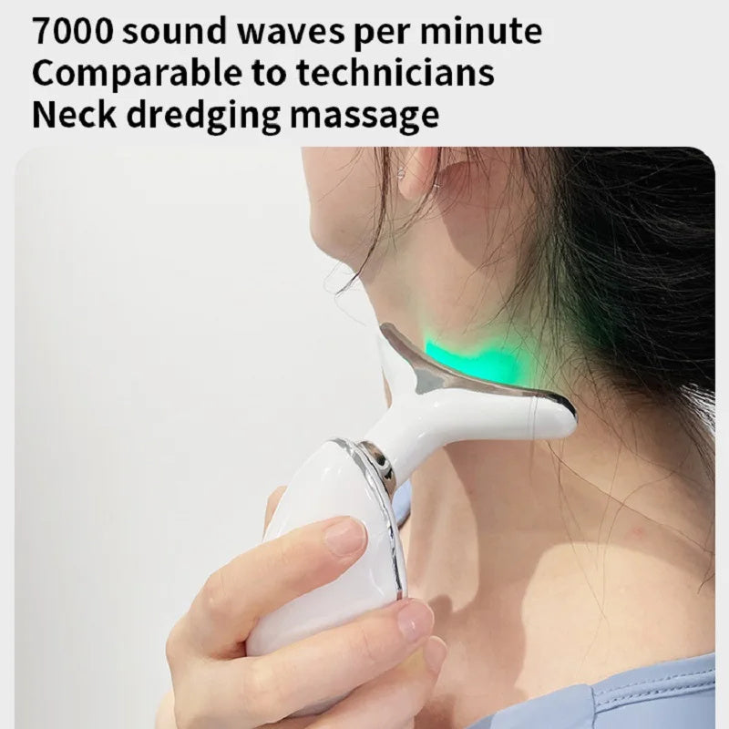 Colorful LED photon therapy beauty device for neck and face - tightens skin, reduces double chin, and smooths wrinkles. Anti-aging lifting massager for youthful appearance.