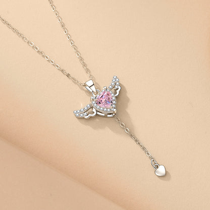 Valentine's Day gift - moving Cupid heart necklace with angel wings and crystal