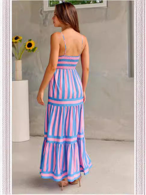 Summer Striped Printed Suspender Long Dress With Pockets Fashion Square Neck Backless Dresses For Beach Vacation Women Clothing touchydesign