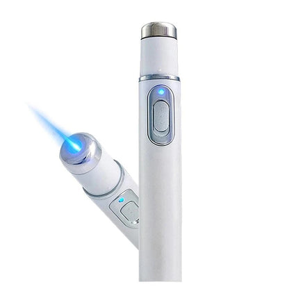 Blue light therapy acne laser pen for scar and wrinkle removal. Skin care device uses LED technology for clear, smooth skin treatment.