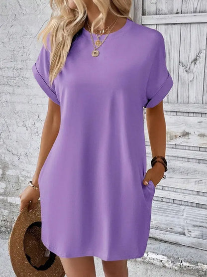 Long sleeve dress With Pockets Summer Casual Solid Color Round Neck Straight Dresses Womens Clothing touchydesign