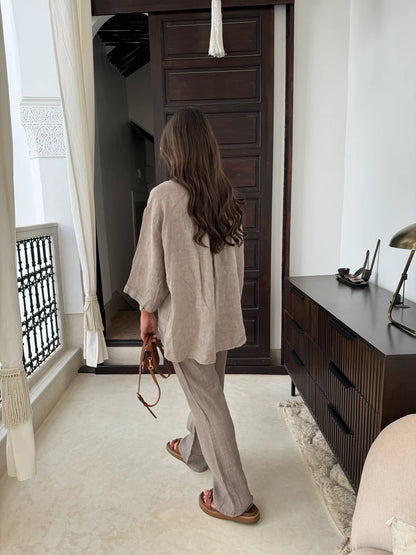 Casual linen 2-piece outfit for women featuring a long sleeve pocket shirt and wide leg pants in a loose, comfortable fit - ideal for high street fashion and summer style